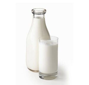 A picture of the bottle and glass filled with milk