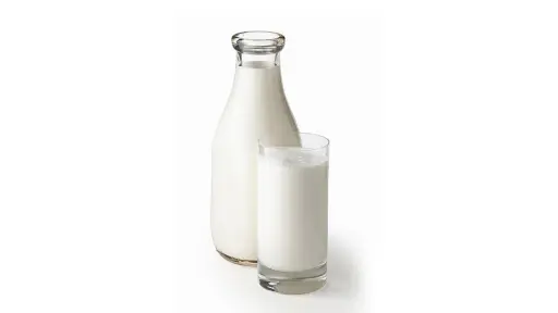 A picture of the bottle and glass filled with milk