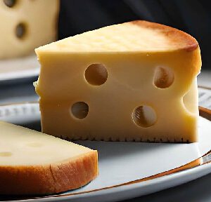 A piece of cheese sitting on top of a white plate.