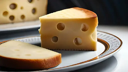 A piece of cheese sitting on top of a white plate.