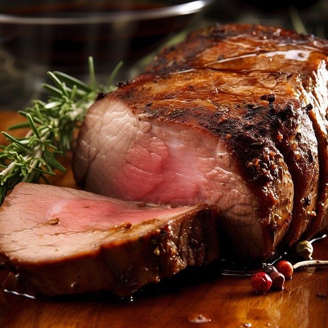 A picture of sliced beef marinade with rosemary